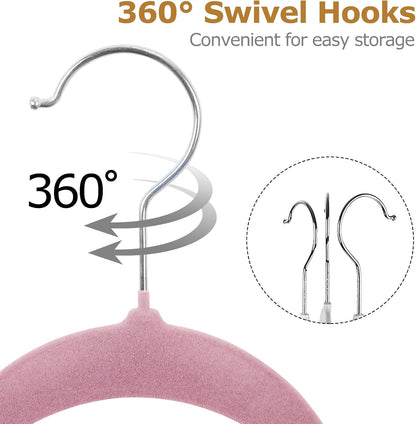 Velvet Hangers 100 Pack, Non-Slip Clothes Hangers, Suit Hangers with Shoulder Notches, Pants Bar, 360° Swivel Hook, Space-Saving, for Closet (Pink)
