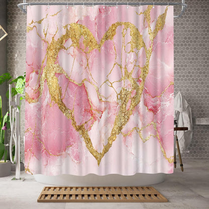 Marble Shower Curtain, Modern Abstract Gold Heart Bathroom Decor Polyester Fabric 72x72inch Bathroom Curtain with Hooks (Pink)
