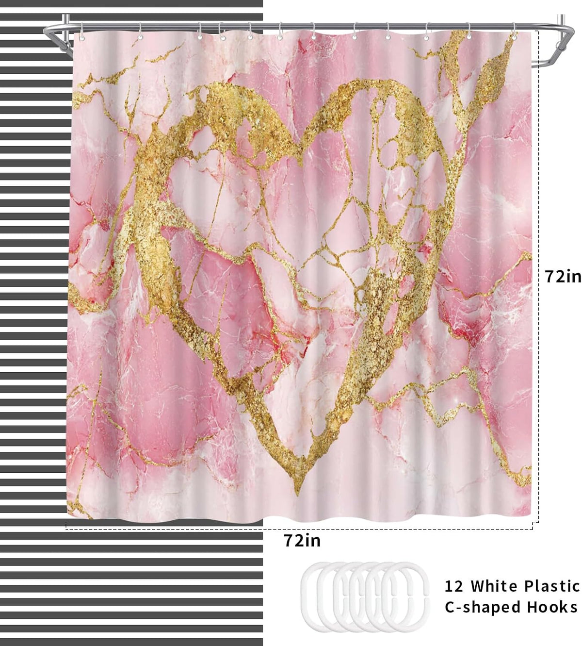 Marble Shower Curtain, Modern Abstract Gold Heart Bathroom Decor Polyester Fabric 72x72inch Bathroom Curtain with Hooks (Pink)