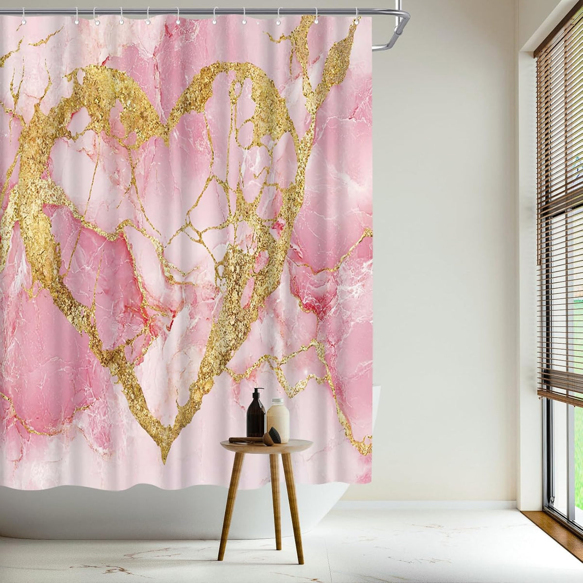 Marble Shower Curtain, Modern Abstract Gold Heart Bathroom Decor Polyester Fabric 72x72inch Bathroom Curtain with Hooks (Pink)