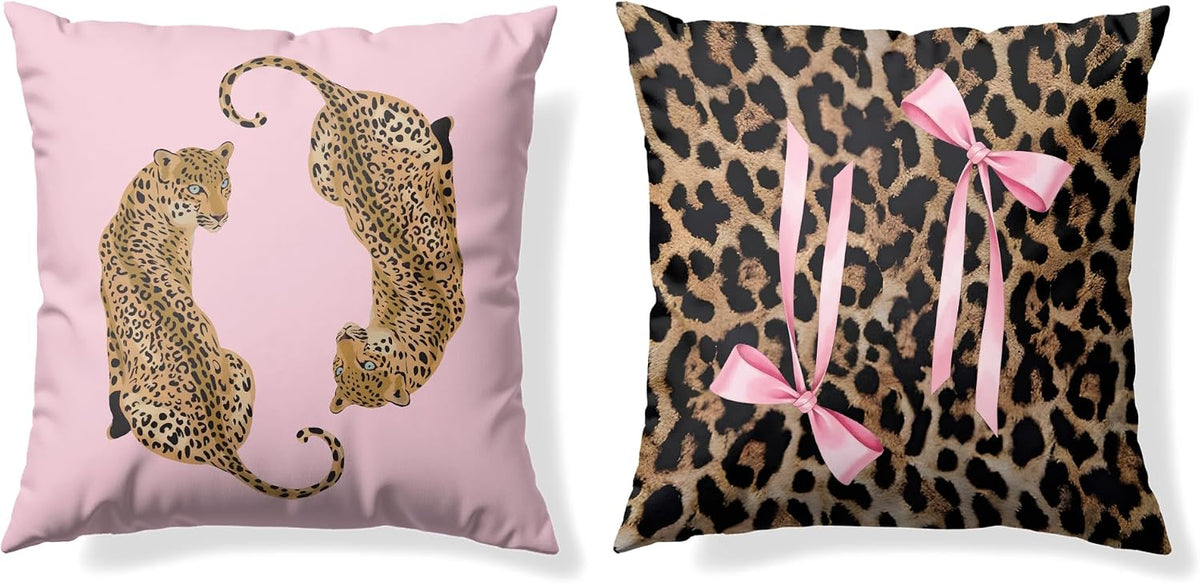 Trendy Funky Pink Cheetah Coquette Bow Lip Pillow Covers 18x18 Set of 2,Cheetah Leopard Lover Gifts for Women,Coquette Preppy Pillow Covers for Girls Room Dorm Apartment Decor