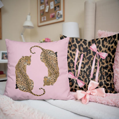 Trendy Funky Pink Cheetah Coquette Bow Lip Pillow Covers 18x18 Set of 2,Cheetah Leopard Lover Gifts for Women,Coquette Preppy Pillow Covers for Girls Room Dorm Apartment Decor