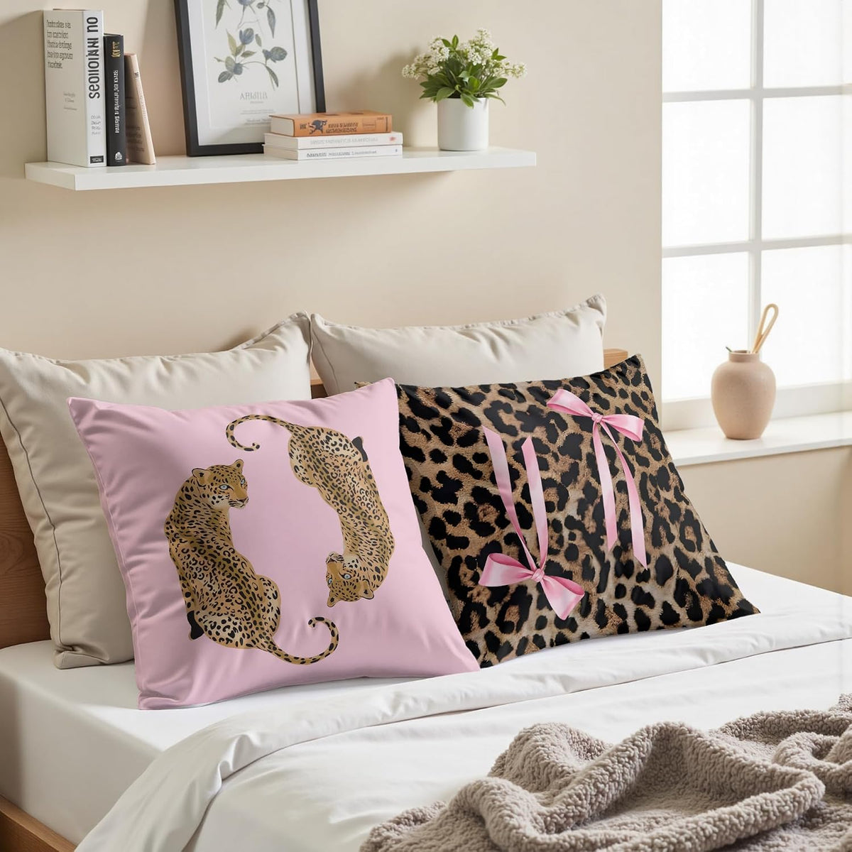 Trendy Funky Pink Cheetah Coquette Bow Lip Pillow Covers 18x18 Set of 2,Cheetah Leopard Lover Gifts for Women,Coquette Preppy Pillow Covers for Girls Room Dorm Apartment Decor