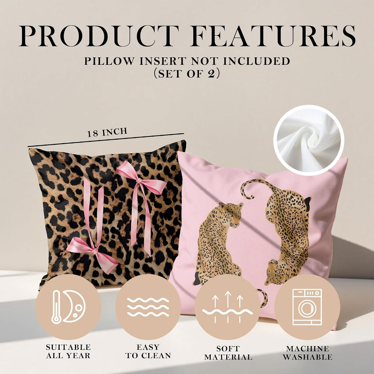 Trendy Funky Pink Cheetah Coquette Bow Lip Pillow Covers 18x18 Set of 2,Cheetah Leopard Lover Gifts for Women,Coquette Preppy Pillow Covers for Girls Room Dorm Apartment Decor