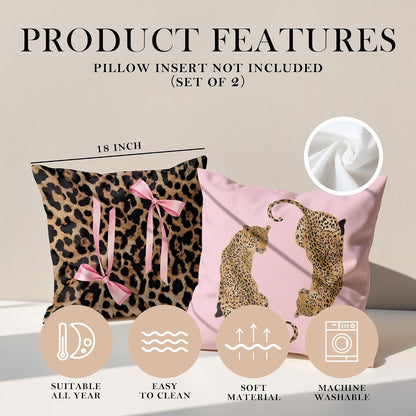 Trendy Funky Pink Cheetah Coquette Bow Lip Pillow Covers 18x18 Set of 2,Cheetah Leopard Lover Gifts for Women,Coquette Preppy Pillow Covers for Girls Room Dorm Apartment Decor