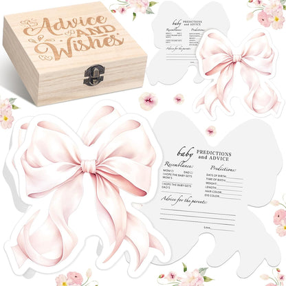 50 Pcs Double Side Pink Bow Baby Shower Advice Cards for Baby Shower Games New Parents with Cards Wooden Keepsake Box for Wishes Decorations