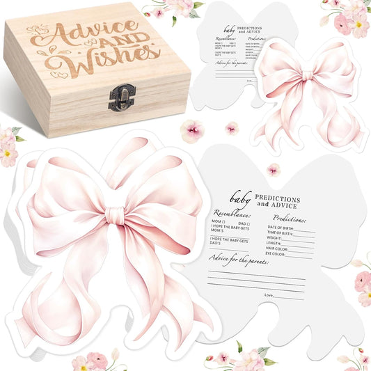 50 Pcs Double Side Pink Bow Baby Shower Advice Cards for Baby Shower Games New Parents with Cards Wooden Keepsake Box for Wishes Decorations