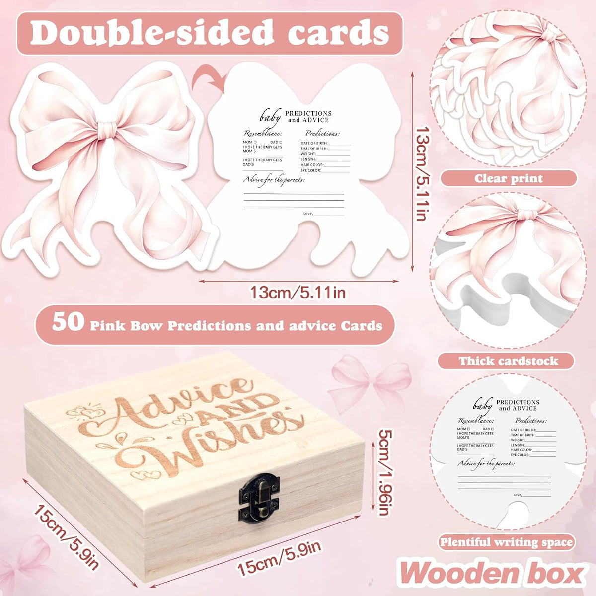 50 Pcs Double Side Pink Bow Baby Shower Advice Cards for Baby Shower Games New Parents with Cards Wooden Keepsake Box for Wishes Decorations