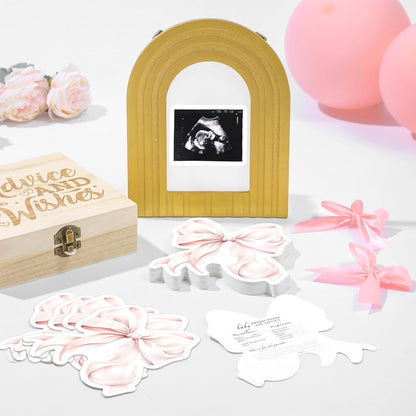 50 Pcs Double Side Pink Bow Baby Shower Advice Cards for Baby Shower Games New Parents with Cards Wooden Keepsake Box for Wishes Decorations
