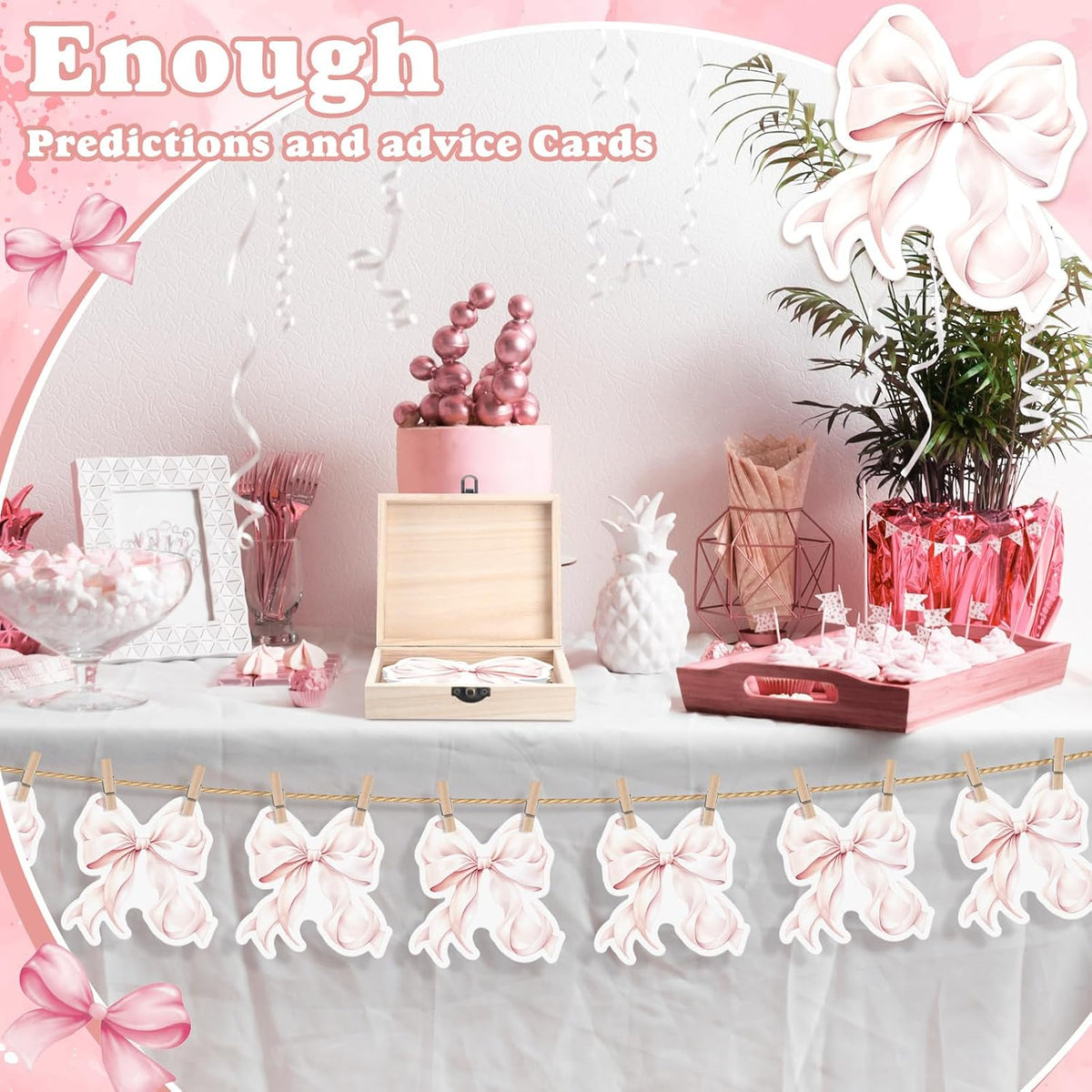 50 Pcs Double Side Pink Bow Baby Shower Advice Cards for Baby Shower Games New Parents with Cards Wooden Keepsake Box for Wishes Decorations