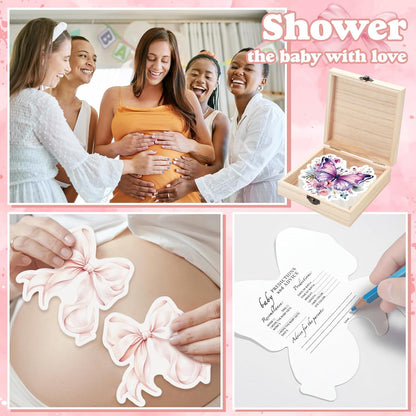50 Pcs Double Side Pink Bow Baby Shower Advice Cards for Baby Shower Games New Parents with Cards Wooden Keepsake Box for Wishes Decorations