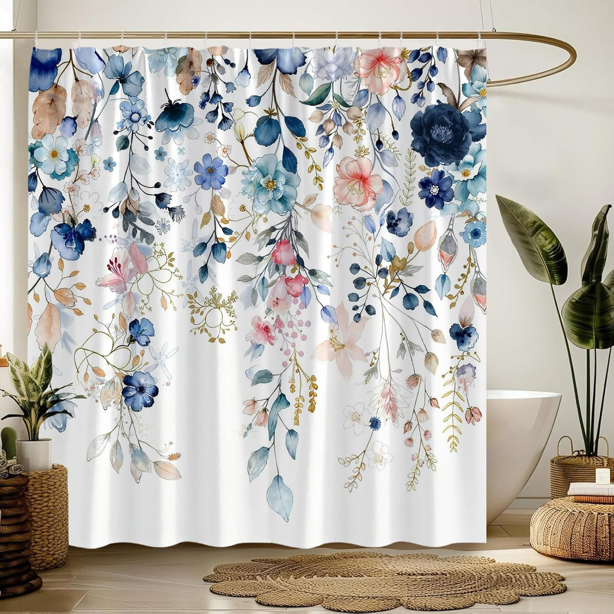 Navy Blue Pink Floral Shower Curtain Blue and Pink Watercolor Flower Eucalyptus Leaves Rustic Farmhouse Plant 70" WX70 H Bathroom Fabric Curtain with Hooks