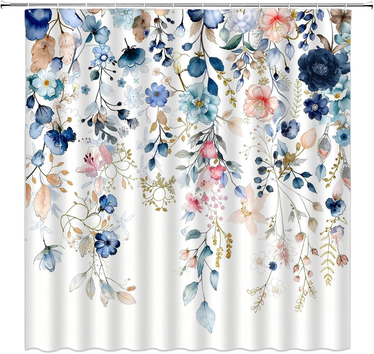 Navy Blue Pink Floral Shower Curtain Blue and Pink Watercolor Flower Eucalyptus Leaves Rustic Farmhouse Plant 70" WX70 H Bathroom Fabric Curtain with Hooks
