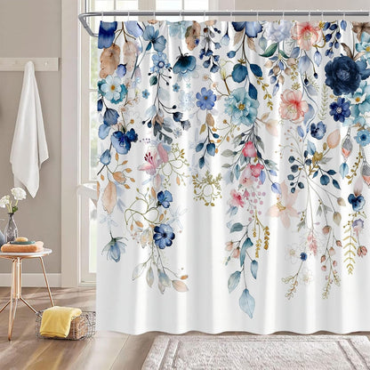 Navy Blue Pink Floral Shower Curtain Blue and Pink Watercolor Flower Eucalyptus Leaves Rustic Farmhouse Plant 70" WX70 H Bathroom Fabric Curtain with Hooks