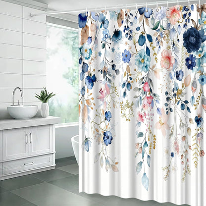 Navy Blue Pink Floral Shower Curtain Blue and Pink Watercolor Flower Eucalyptus Leaves Rustic Farmhouse Plant 70" WX70 H Bathroom Fabric Curtain with Hooks