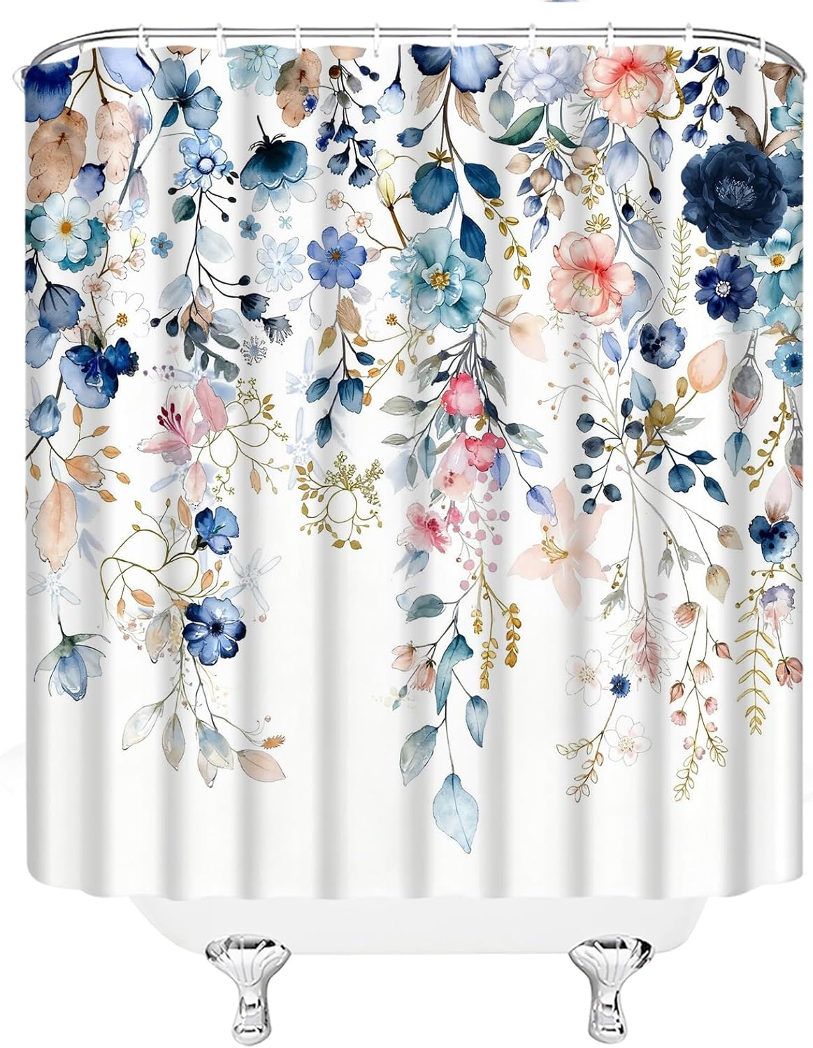 Navy Blue Pink Floral Shower Curtain Blue and Pink Watercolor Flower Eucalyptus Leaves Rustic Farmhouse Plant 70" WX70 H Bathroom Fabric Curtain with Hooks