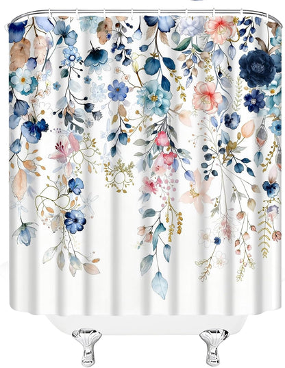 Navy Blue Pink Floral Shower Curtain Blue and Pink Watercolor Flower Eucalyptus Leaves Rustic Farmhouse Plant 70" WX70 H Bathroom Fabric Curtain with Hooks