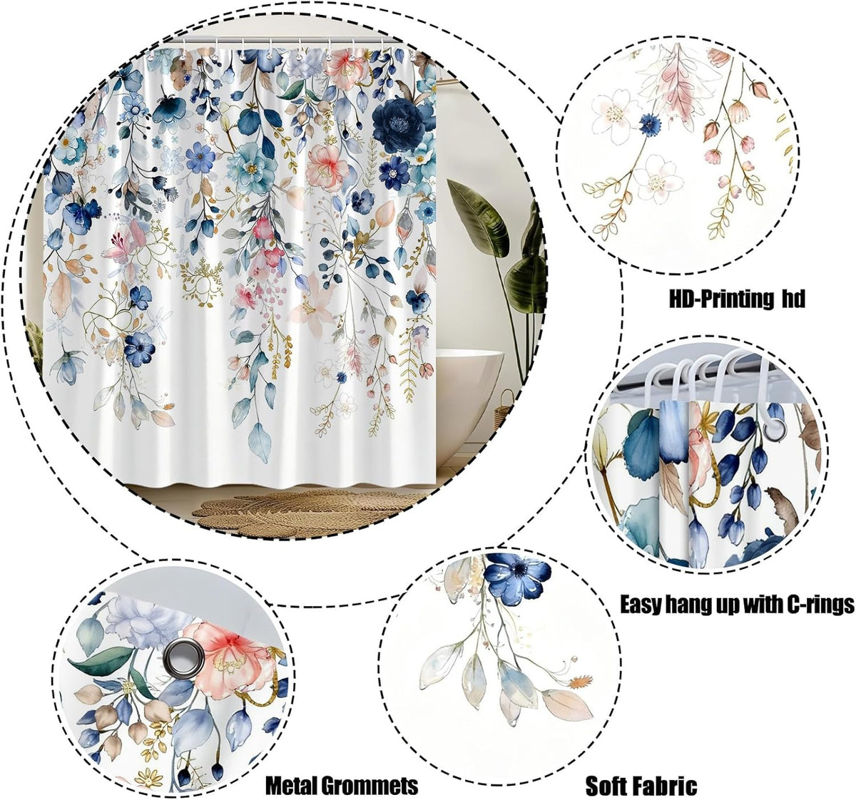 Navy Blue Pink Floral Shower Curtain Blue and Pink Watercolor Flower Eucalyptus Leaves Rustic Farmhouse Plant 70" WX70 H Bathroom Fabric Curtain with Hooks