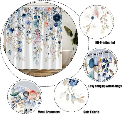 Navy Blue Pink Floral Shower Curtain Blue and Pink Watercolor Flower Eucalyptus Leaves Rustic Farmhouse Plant 70" WX70 H Bathroom Fabric Curtain with Hooks