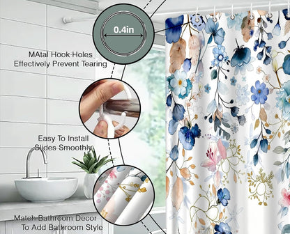 Navy Blue Pink Floral Shower Curtain Blue and Pink Watercolor Flower Eucalyptus Leaves Rustic Farmhouse Plant 70" WX70 H Bathroom Fabric Curtain with Hooks