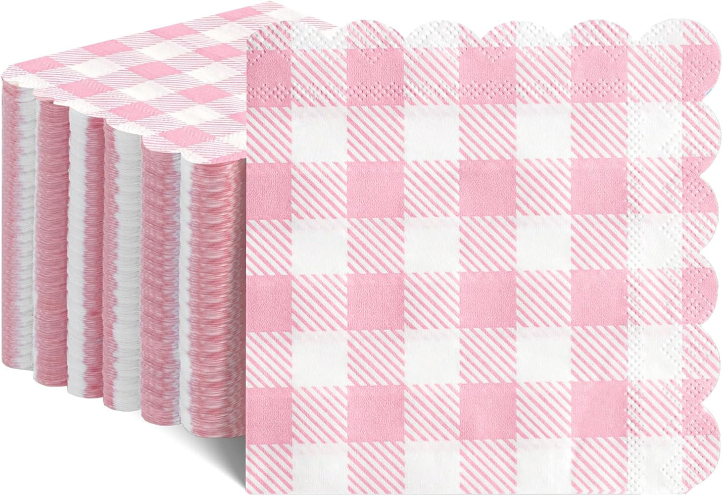 120 Pcs Pink Gingham Napkins, Scalloped Pink Napkins Plaid Cocktail Napkins Checkered Party Napkin for Bridal Baby Shower, Tea Party, Picnic, 5 x 5 Inches