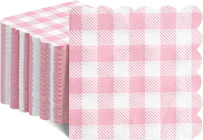 120 Pcs Pink Gingham Napkins, Scalloped Pink Napkins Plaid Cocktail Napkins Checkered Party Napkin for Bridal Baby Shower, Tea Party, Picnic, 5 x 5 Inches