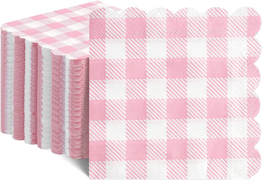 120 Pcs Pink Gingham Napkins, Scalloped Pink Napkins Plaid Cocktail Napkins Checkered Party Napkin for Bridal Baby Shower, Tea Party, Picnic, 5 x 5 Inches
