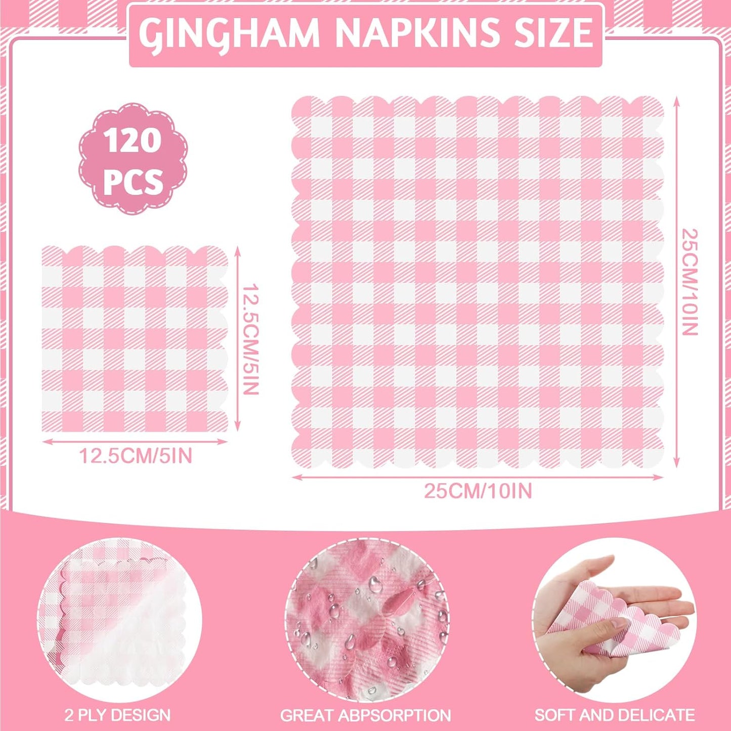 120 Pcs Pink Gingham Napkins, Scalloped Pink Napkins Plaid Cocktail Napkins Checkered Party Napkin for Bridal Baby Shower, Tea Party, Picnic, 5 x 5 Inches