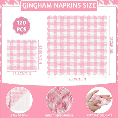 120 Pcs Pink Gingham Napkins, Scalloped Pink Napkins Plaid Cocktail Napkins Checkered Party Napkin for Bridal Baby Shower, Tea Party, Picnic, 5 x 5 Inches