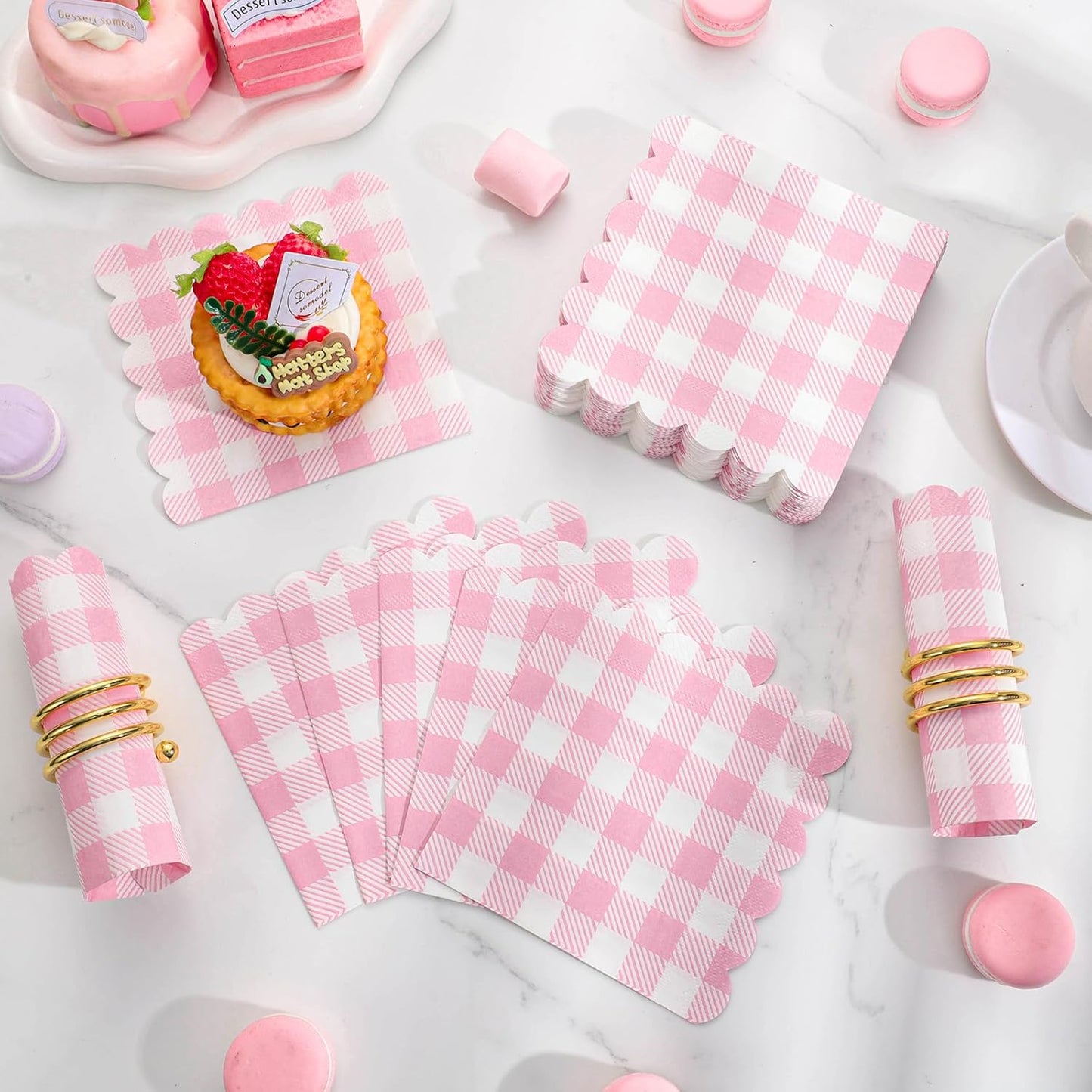 120 Pcs Pink Gingham Napkins, Scalloped Pink Napkins Plaid Cocktail Napkins Checkered Party Napkin for Bridal Baby Shower, Tea Party, Picnic, 5 x 5 Inches