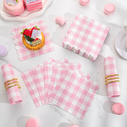 120 Pcs Pink Gingham Napkins, Scalloped Pink Napkins Plaid Cocktail Napkins Checkered Party Napkin for Bridal Baby Shower, Tea Party, Picnic, 5 x 5 Inches