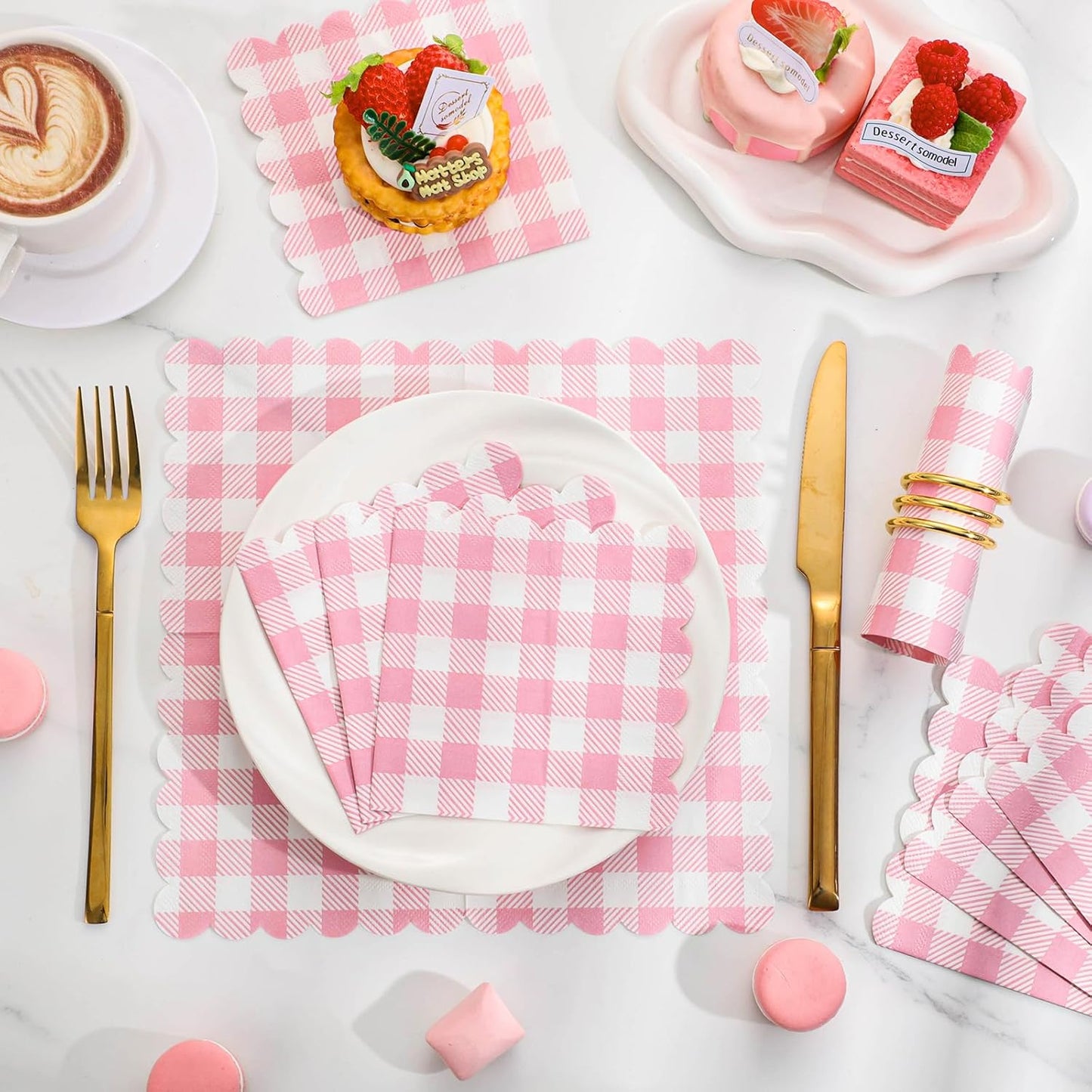 120 Pcs Pink Gingham Napkins, Scalloped Pink Napkins Plaid Cocktail Napkins Checkered Party Napkin for Bridal Baby Shower, Tea Party, Picnic, 5 x 5 Inches
