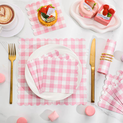 120 Pcs Pink Gingham Napkins, Scalloped Pink Napkins Plaid Cocktail Napkins Checkered Party Napkin for Bridal Baby Shower, Tea Party, Picnic, 5 x 5 Inches