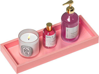 Bathroom Vanity Tray for Perfume Decor Toilet Tank Candle Toiletries, Kitchen Tray for Soap Dispenser Spice Salt Coffee, Bamboo Nightstand Tray 11.3”x4.4” (Pink)