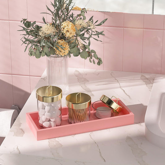 Bathroom Vanity Tray for Perfume Decor Toilet Tank Candle Toiletries, Kitchen Tray for Soap Dispenser Spice Salt Coffee, Bamboo Nightstand Tray 11.3”x4.4” (Pink)