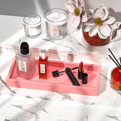 Bathroom Vanity Tray for Perfume Decor Toilet Tank Candle Toiletries, Kitchen Tray for Soap Dispenser Spice Salt Coffee, Bamboo Nightstand Tray 11.3”x4.4” (Pink)