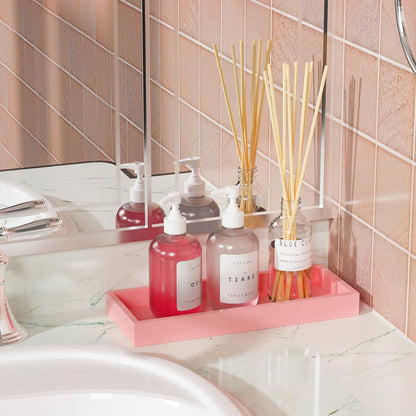 Bathroom Vanity Tray for Perfume Decor Toilet Tank Candle Toiletries, Kitchen Tray for Soap Dispenser Spice Salt Coffee, Bamboo Nightstand Tray 11.3”x4.4” (Pink)