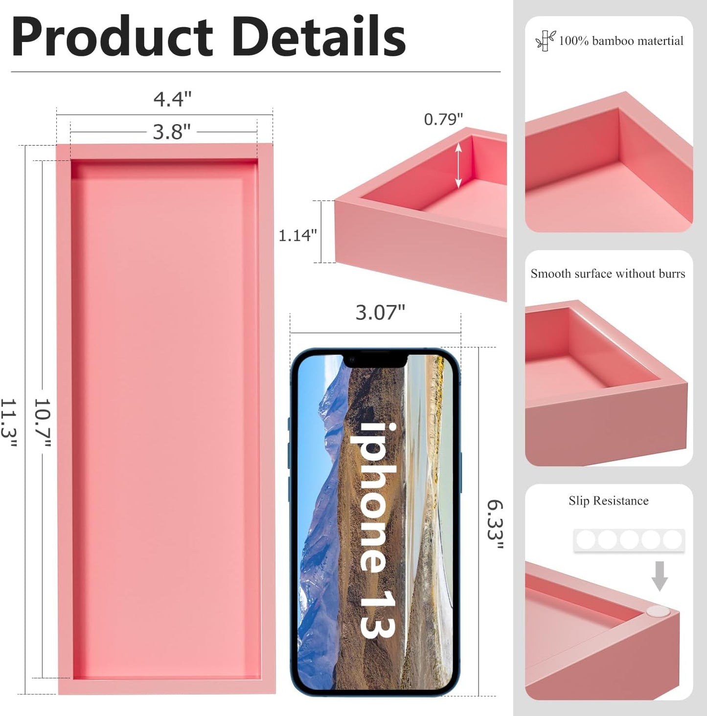 Bathroom Vanity Tray for Perfume Decor Toilet Tank Candle Toiletries, Kitchen Tray for Soap Dispenser Spice Salt Coffee, Bamboo Nightstand Tray 11.3”x4.4” (Pink)