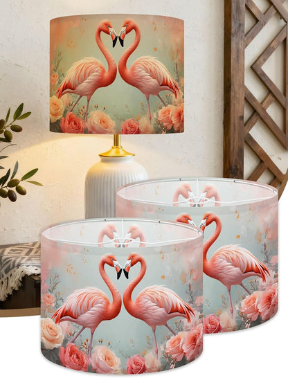Flamingos Linen Drum Lamp Shades Set of 2, 13"x13"x10" Tropical Animal Pink Floral Modern Roses Feathers Pastel Shades Lampshade for Table Lamps Floor Lamps Easy Assembly Replacement Lamp Shade