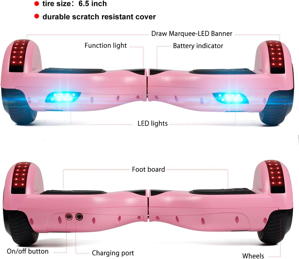 Self Balancing Scooter, 6.5” Two-Wheel with Bluetooth and Flashing LED Lights