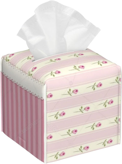 Pink Floral Striped Square Leather Tissue Box Cover - Premium Decorative Organizer with Non-Slip Base for Bathroom Vanity, Nightstand & Countertop