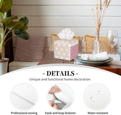 Pink Floral Striped Square Leather Tissue Box Cover - Premium Decorative Organizer with Non-Slip Base for Bathroom Vanity, Nightstand & Countertop
