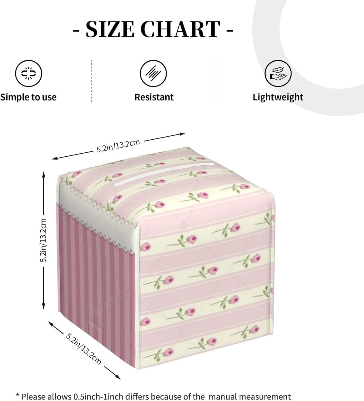 Pink Floral Striped Square Leather Tissue Box Cover - Premium Decorative Organizer with Non-Slip Base for Bathroom Vanity, Nightstand & Countertop