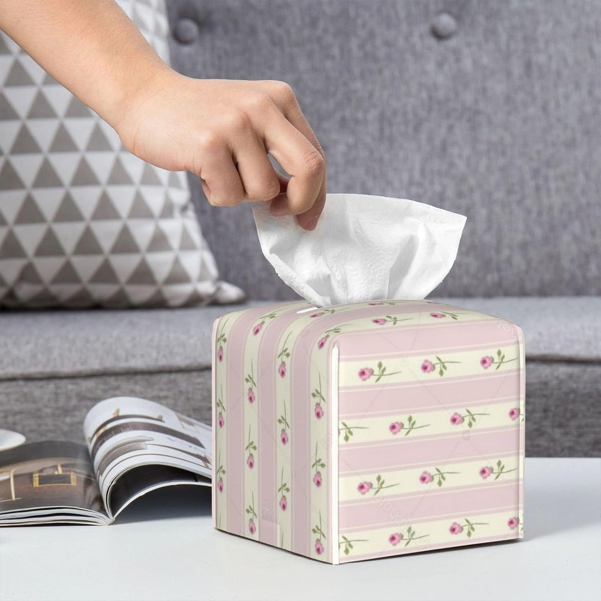 Pink Floral Striped Square Leather Tissue Box Cover - Premium Decorative Organizer with Non-Slip Base for Bathroom Vanity, Nightstand & Countertop