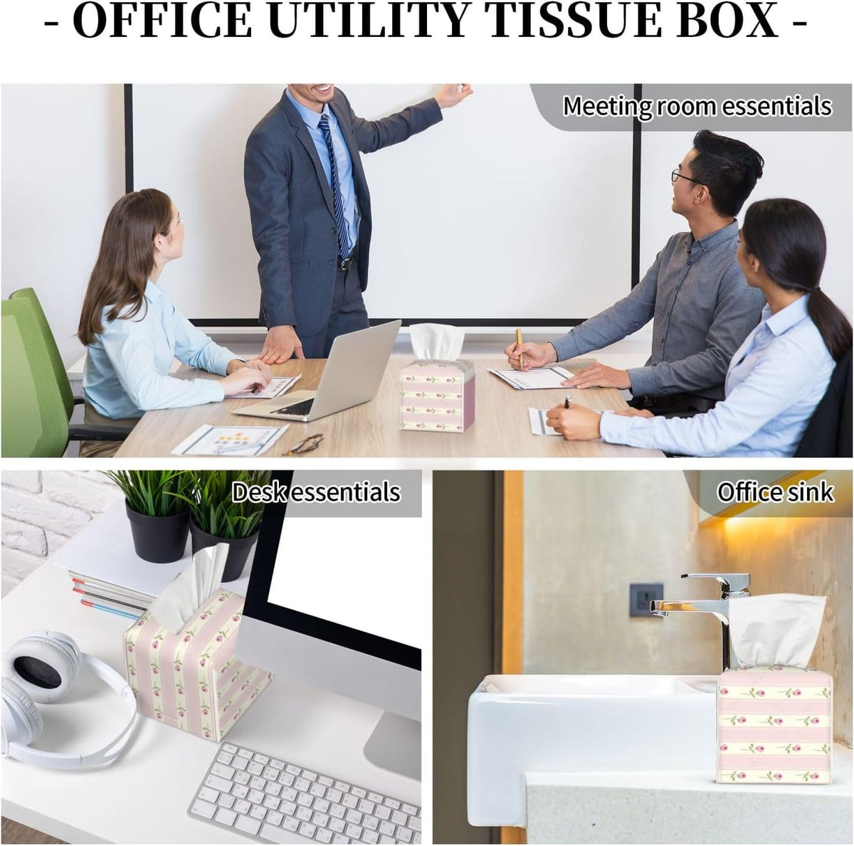 Pink Floral Striped Square Leather Tissue Box Cover - Premium Decorative Organizer with Non-Slip Base for Bathroom Vanity, Nightstand & Countertop
