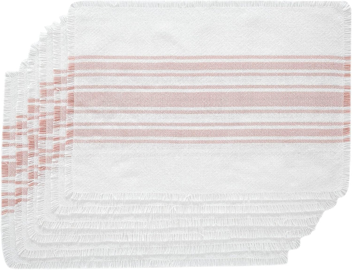 Antique White Stripe Farmhouse 13"x19" Placemat Set of 6 Pink Recycled Plastic (PET) Striped Water-Resistant Oval Kitchen Table Decor