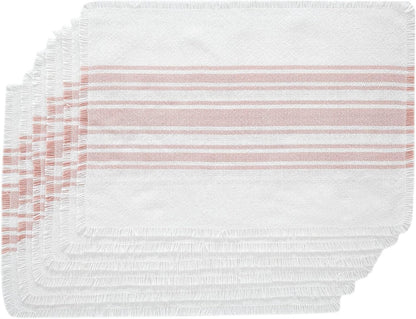 Antique White Stripe Farmhouse 13"x19" Placemat Set of 6 Pink Recycled Plastic (PET) Striped Water-Resistant Oval Kitchen Table Decor
