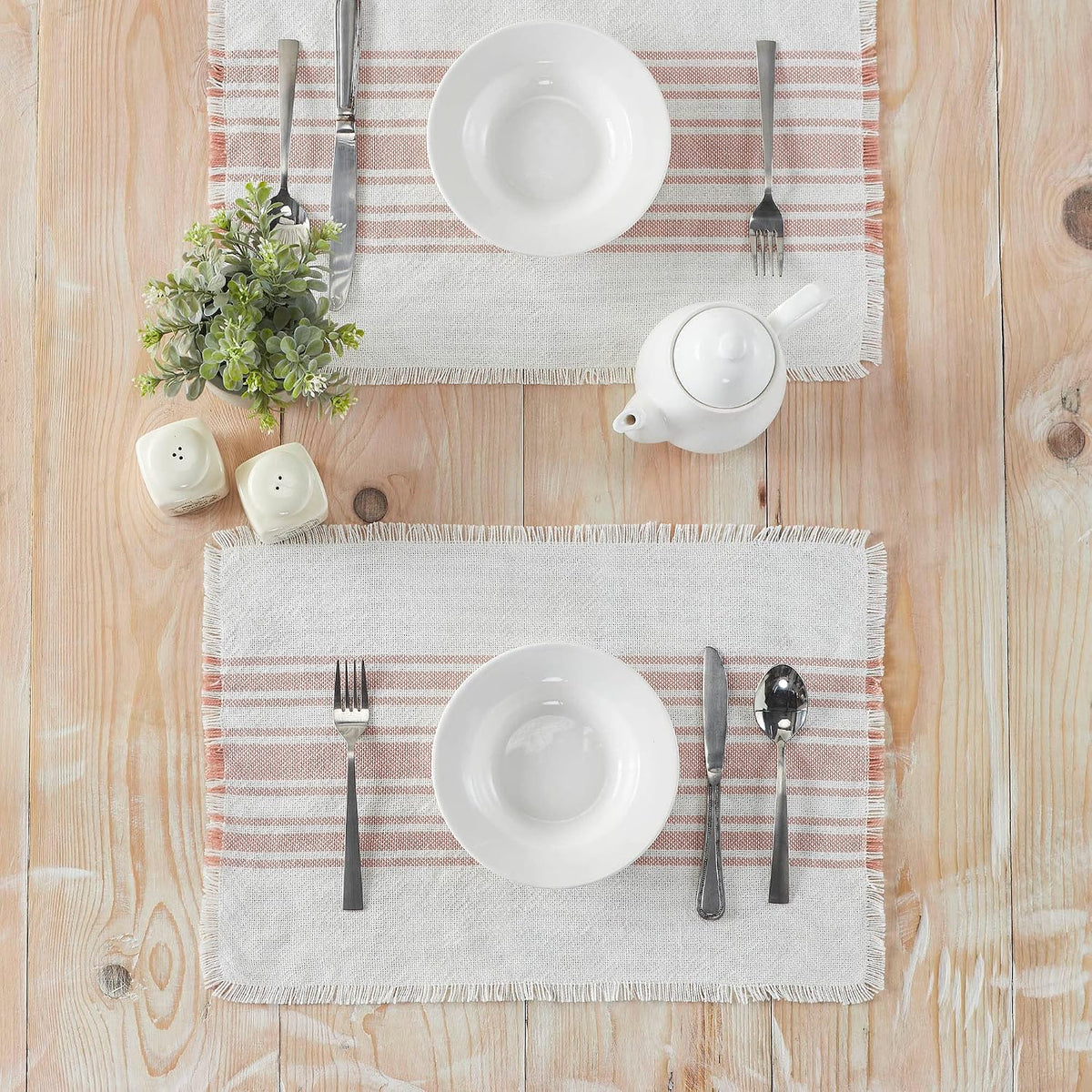 Antique White Stripe Farmhouse 13"x19" Placemat Set of 6 Pink Recycled Plastic (PET) Striped Water-Resistant Oval Kitchen Table Decor
