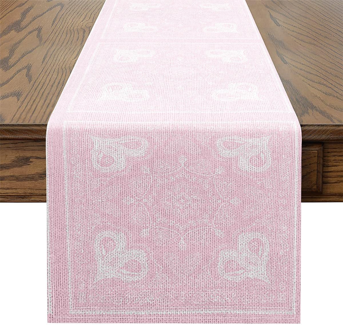 Pink White Damask Heart Table Runner European Baroque Style Table Runners for Kitchen Dining Room Exotic Luxurious Paisley Floral Dresser Runners for Home Party Decor 72x13 Inch