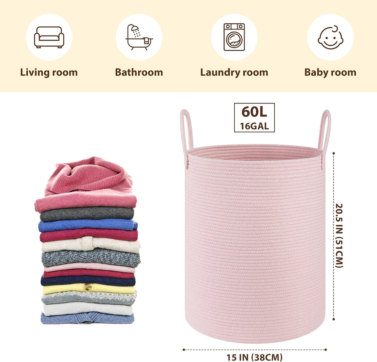 OIAHOMY 60L Nursery Hamper Laundry Basket Laundry Hamper Pink